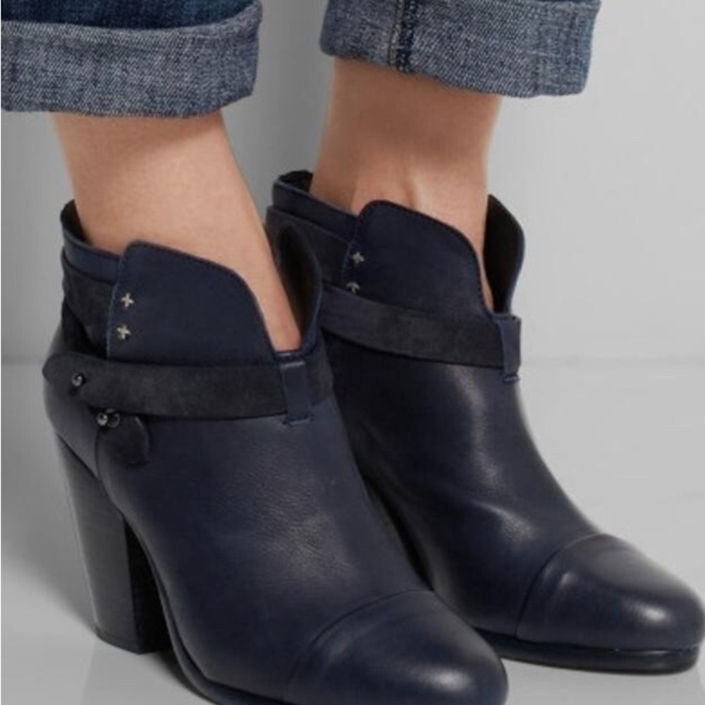 Rag & Bone Harrow Booties Navy Leather Ankle Boot Heels Blue Black Strap Sz 8.5